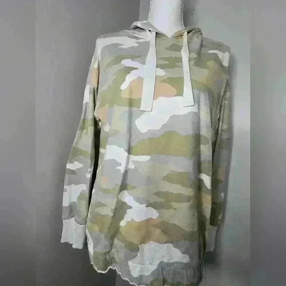 Aerie Camo Hooded Tie Neck Side Slit Oversized Cotton